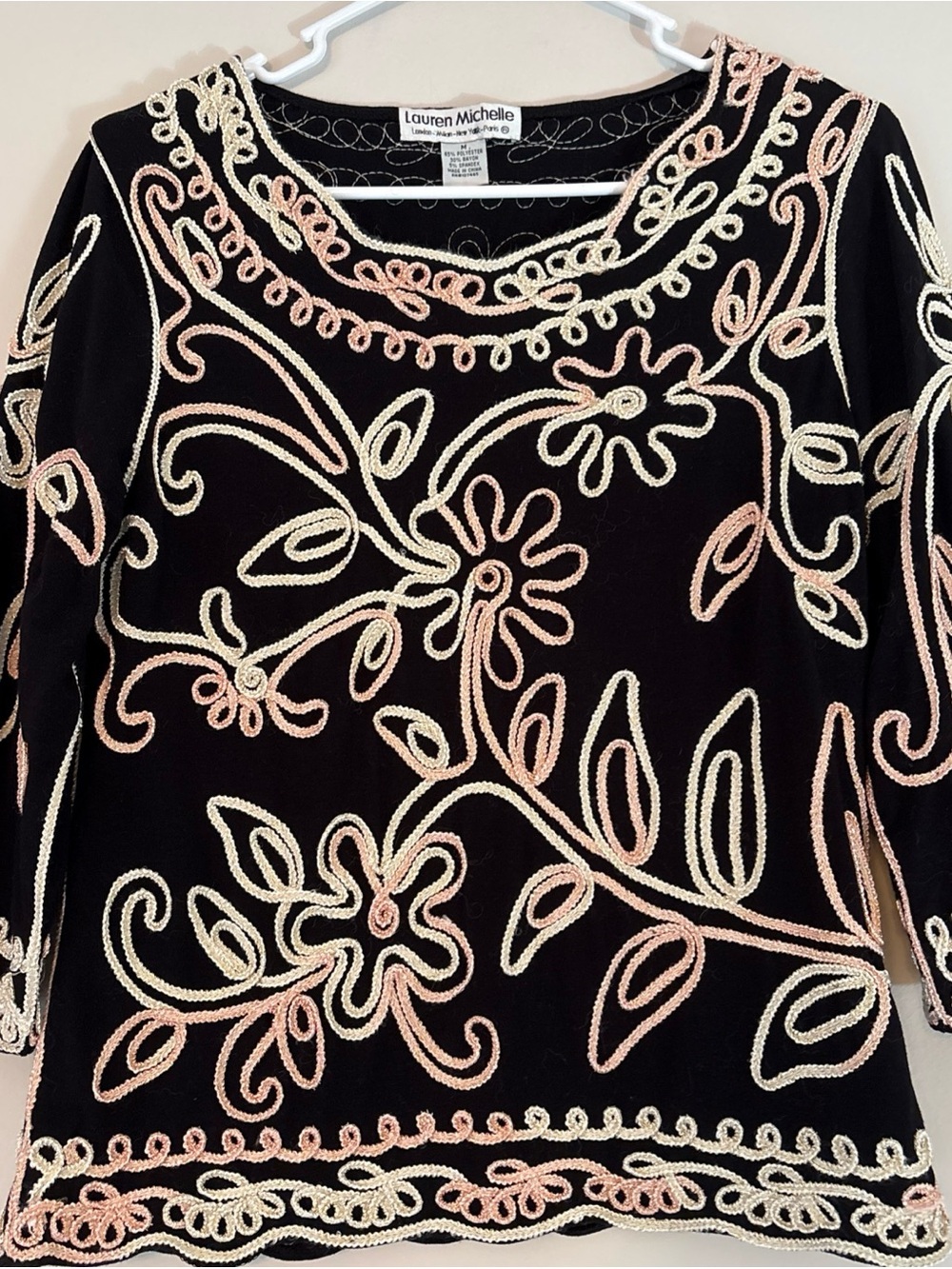 Lauren Michelle Black Top with Cream and Pink Embroidery